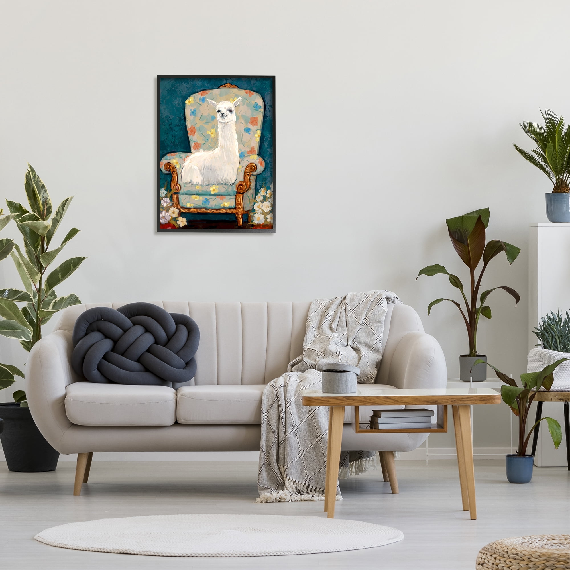 Stupell Industries Llama on Floral Armchair Animals & Insects Painting Black Framed Art Print Wall Art, 24 x 30