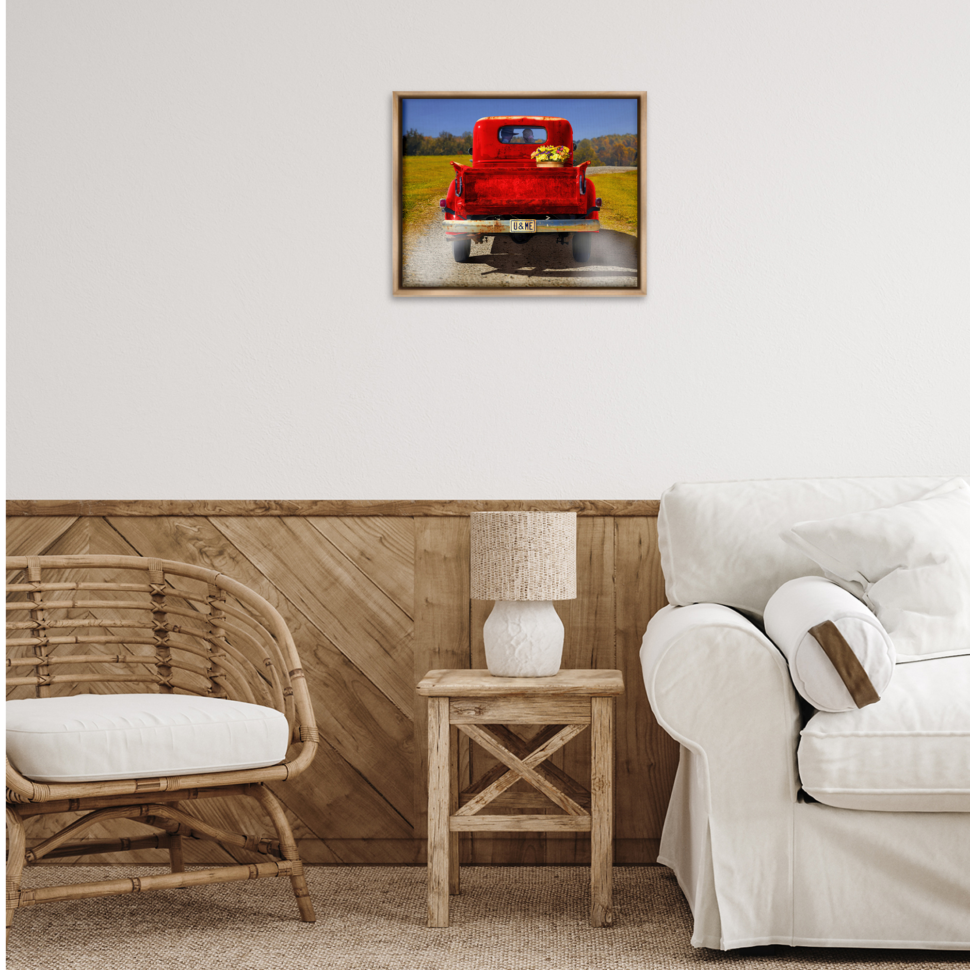 Stupell Industries Cowboy in Red Truck Transportation Painting Brown Floater Framed Canvas Art Print Wall Art, 21 x 17