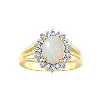 RYLOS Rings for Women 14K Yellow Gold Ring Princess Diana Inspired 9X7MM Gemstone & Halo of  Diamonds Opal Jewelry for Women Size 5