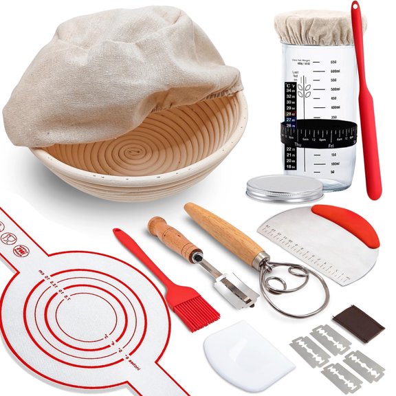 Sourdough Starter Kit with 9'' Banneton Proofing Basket and Glass Jar – Complete Bread Baking Supplies for Homemade Artisan Loaf, Proofing Bowl Set for Beginner Bakers
