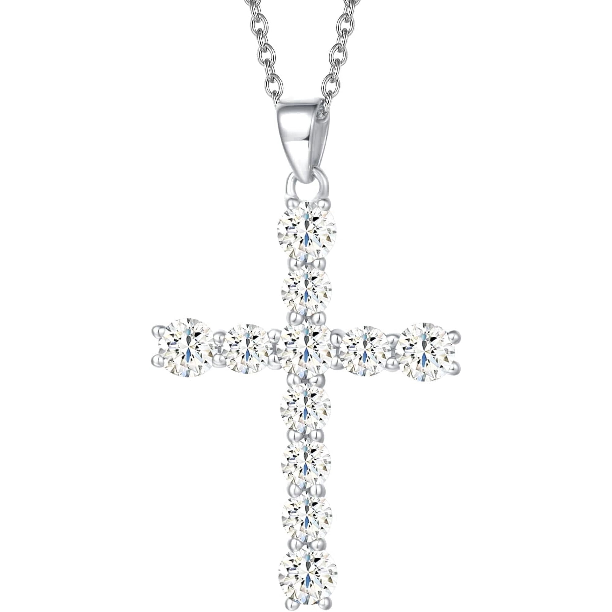 FANCIME Women's White Gold-Plated Sterling Silver CZ Cubic Zirconia Cross Pendant Necklace, 18" Silver Chain Jewelry Gift for Her