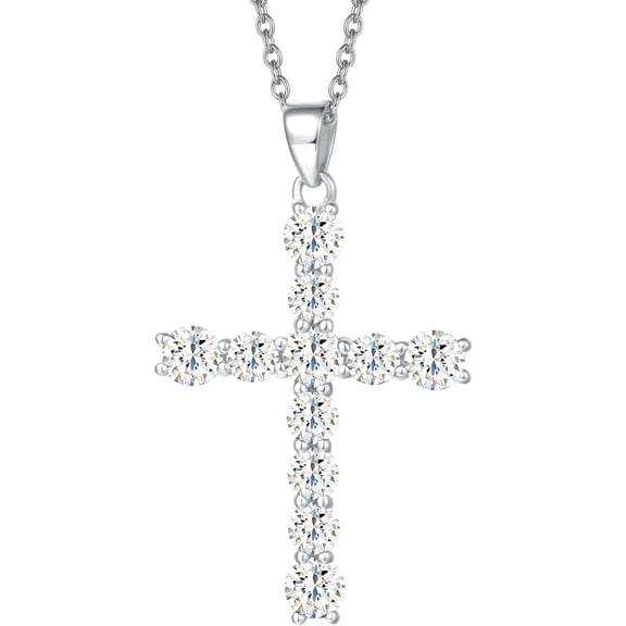 FANCIME Sterling Silver CZ Cubic Zirconia Cross Pendant Necklace for Women, White Gold-Plated with 18" Silver Chain