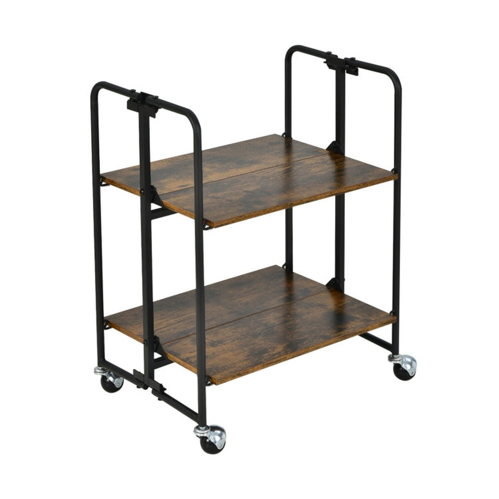 Finihen Rolling Cart, Kitchen Island Cart, Folding Rolling Cart with Metal Frame-2-Tier, for Kitchen, Dining Room, Rustic brown Finihen Rolling Cart, Kitchen Island Cart, Folding Rolling Cart with Metal Frame-2-Tier, for Kitchen, Dining Room, Rustic brown