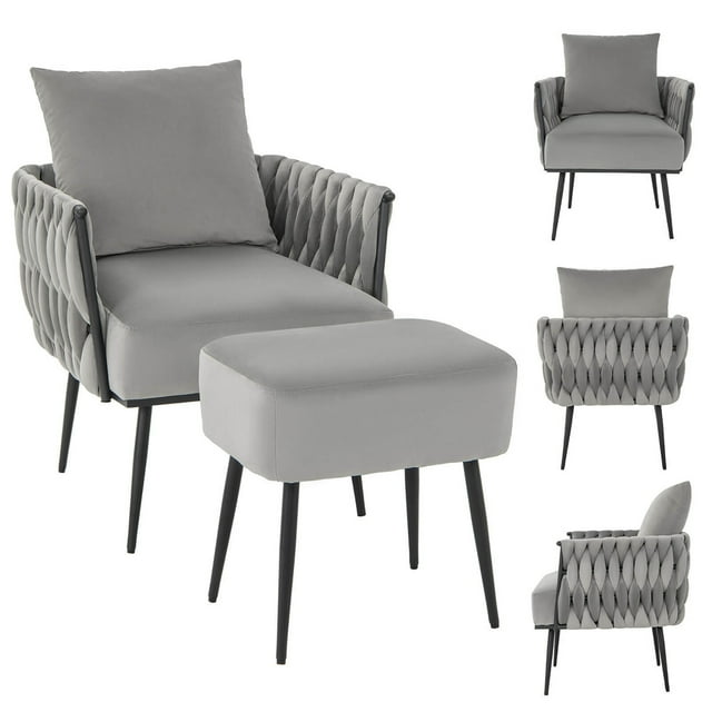 Gymax Fauteuil d'Appoint Moderne en Velours Hollandais et Pouf, Fauteuil de Détente Simple, Gris