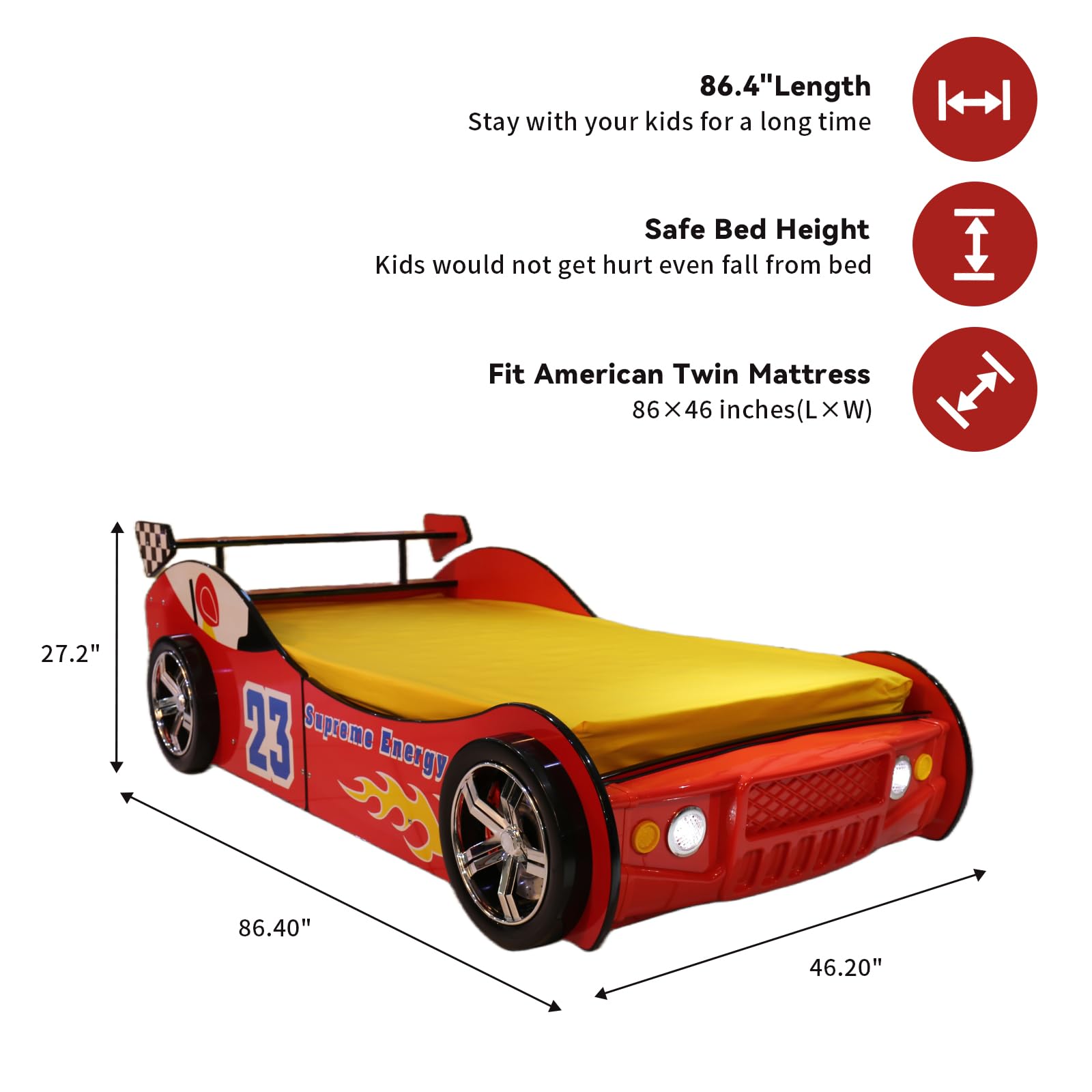 Twin Size Race Car Bed for Kids - Red Wooden Platform Frame with LED Lights, Wheels & Slat Support ,No Box Spring Needed