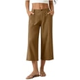 thumbnail image 2 of Women's Cotton Blend High Waisted Wide Leg Capri Pants,Casual Cropped Trousers with Pockets for Summer Wear,Coffee,Women's Capri XL, 2 of 7
