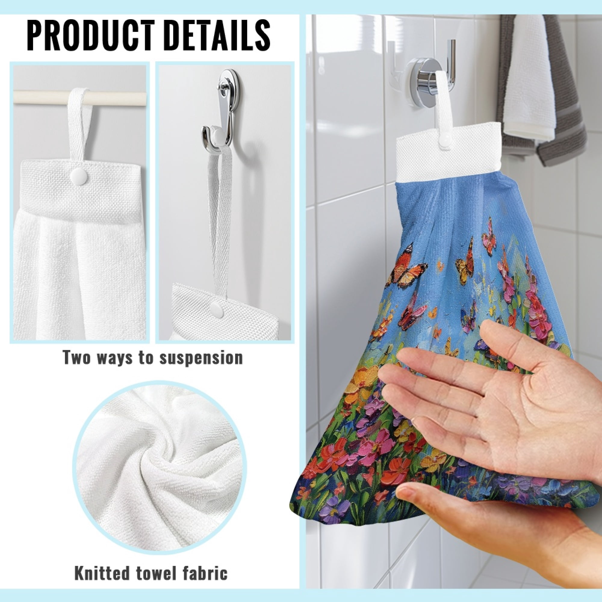 ZIATUBLE Butterfly Floral Hanging Hand Towel Oil Painting Dish Towels for Kitchen Quick Dry Hand Towels for Bathroom with Loop 3 Piece Easy to Clean Hanging Dish Towels Indoor Decor Accessories
