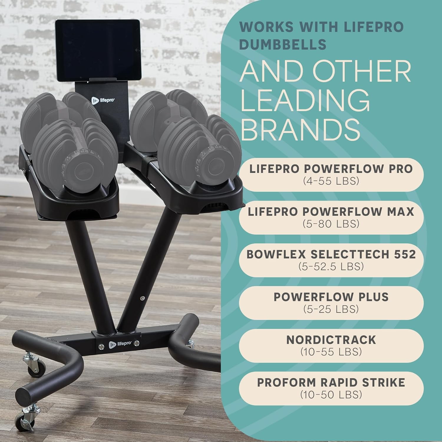 LifePro Adjustable Dumbbell Stand Rack – Compatible with PowerFlow Plus, PowerUp Plus & Other Brands, Ergonomic Base, Locking Casters, Home Gym Storage