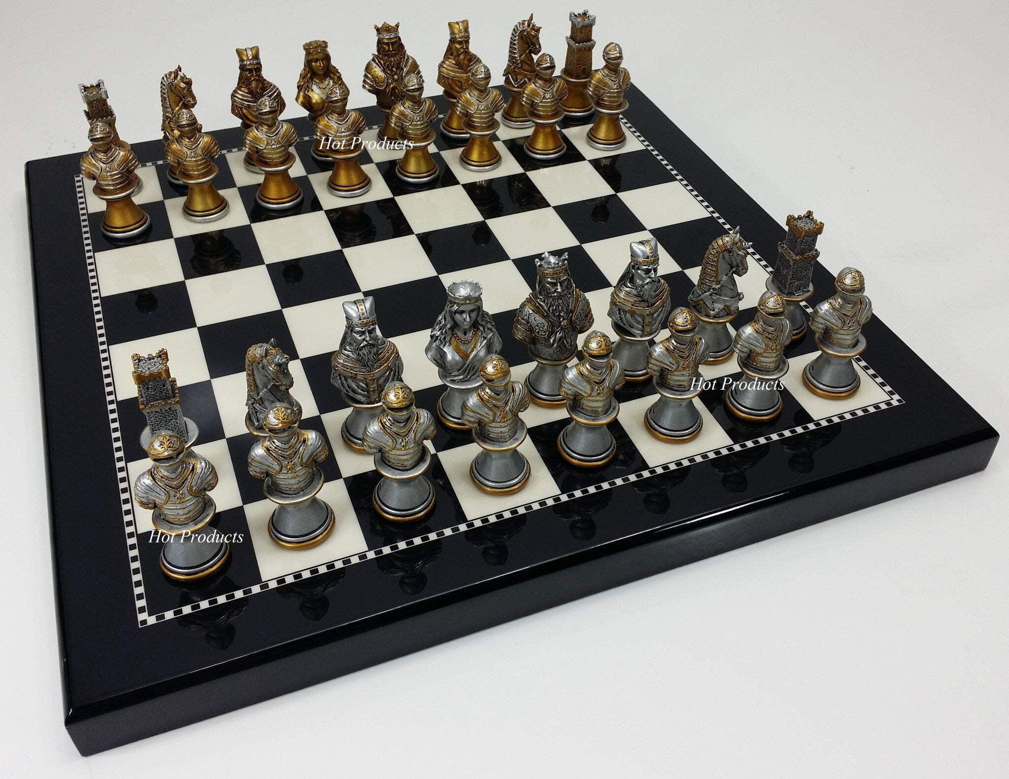Medieval Times Crusades Gold  Silver Busts Chess Set W/ 15" Black  White Board