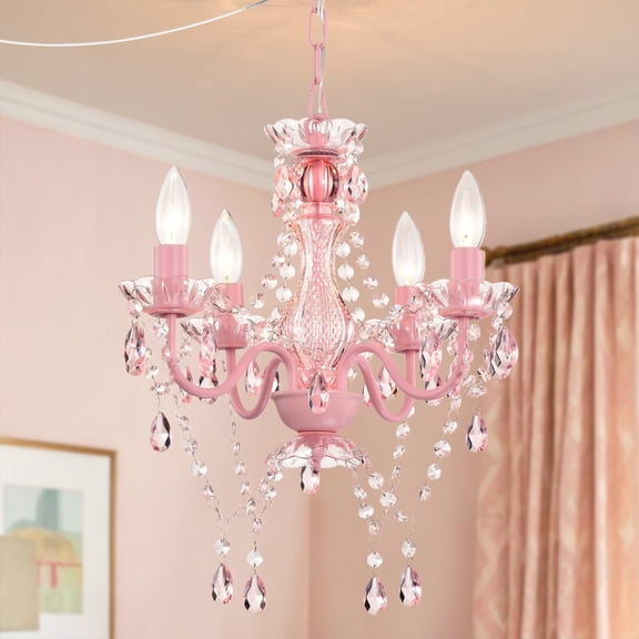 Plug-In Crystal Chandelier Pink 4-Light Mini Ceiling Fixture for Girls Bedroom Kids Room Nursery,20 ft cord