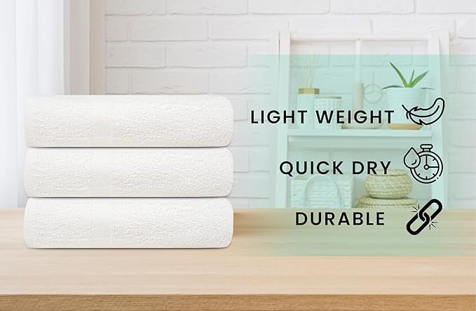 ZUPERIA White Bath Towels, 12-Pack (20x40), 100% Cotton, Lightweight, Quick-Dry, Soft & Absorbent, Ideal for Hotels, Gyms & Commercial Use