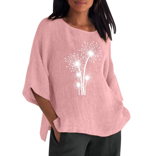 PMUYBHF Débardeurs Sans Manches Rouges pour Femmes 4 Juillet 2024 Tendance Été T-Shirts à Manches 3/4 Col Rond Imprimé Floral Ample Tunique en Lin Mélangé Blouse
