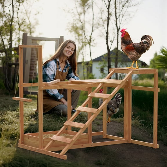 Chicken Coop Roost Gym Activity Play Toy Perches For Outside with Swing, Ramp, Platform, Food Storage