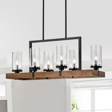 Warehouse of Tiffany Wood and Iron 6-Light Single Tier Chandelier with Seeded Glass Lamp Shades