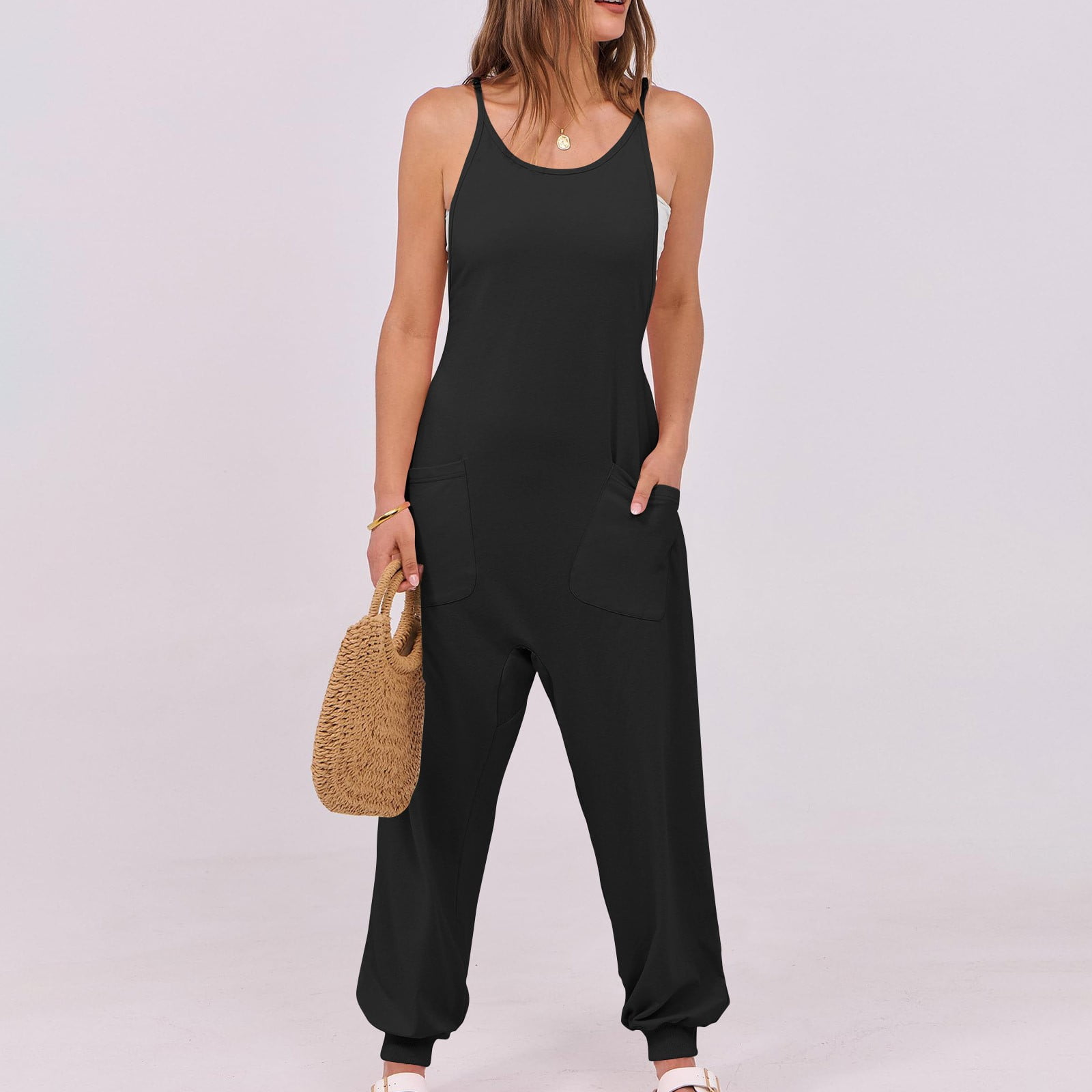 lcziwo One Piece Joggers Pants for Women 2025 Summer Sleeveless Straps Yoga Workout Jumpsuit Solid Casual Elastic Bottom Overalls with Pockets Lightning Sale