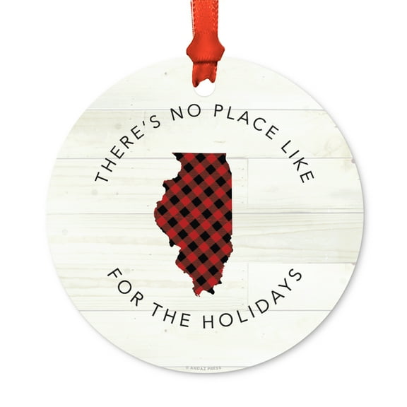 US State Round Metal Christmas Ornament, Red Plaid on Light Rustic Wood, Illinois, Includes Ribbon and Gift Bag