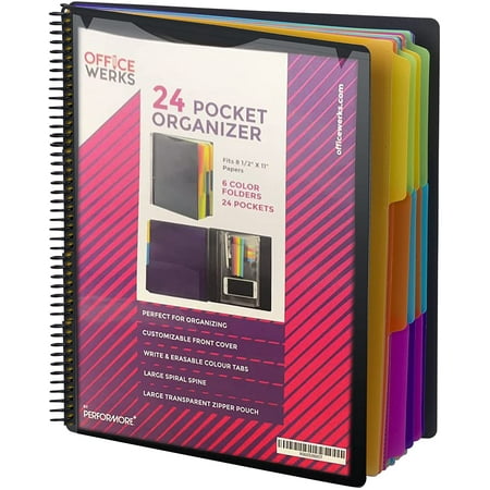 24 Pocket Spiral Project Organizer with 12 Dividers Fits 8.5 X 11 Letter Size Papers Folder Organizer Binder with Front Cover and Customizable Cover Erasable Write On Tabs for Documents Files