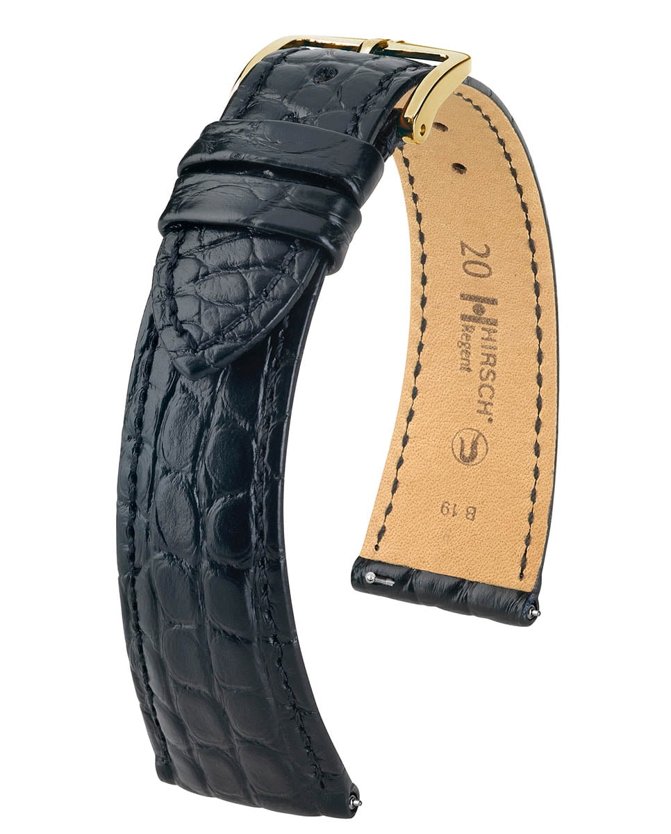 Hirsch Regent Alligator Watch Strap - Black - M - 18mm / 16mm - Shiny Gold  Buckle - Alligator Flank Leather Band