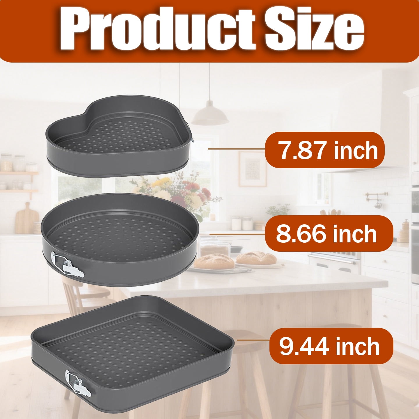 Cake Pan 7", 8", 9", Heart Shape Round Square Cake Pan, Nonstick Carbon Steel Pan, Leak-Proof with Removable Bottom, Round Cake Pans Set of 3 pcs