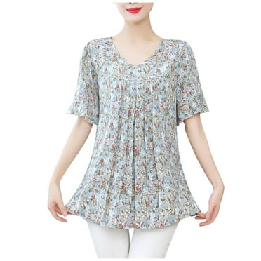 adviicd Casual Tops For Women Women's V Neck Batwing Half Sleeve Shirts Waffle Knit Loose Blouse Solid Color Tops Blue 4XL