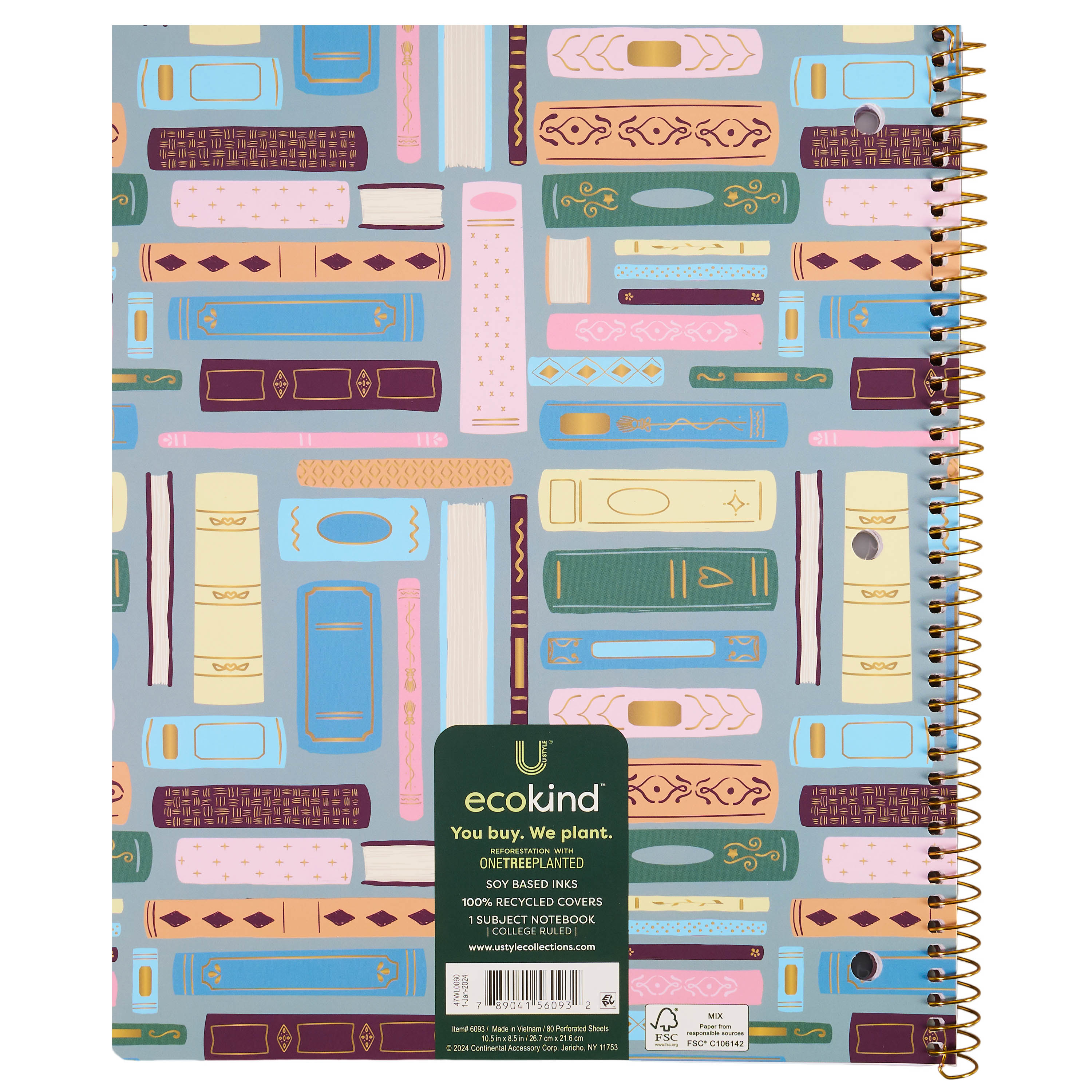 (2 pack) Ecokind by U Style Book Lover 1 Subject Notebook, 10.5" x 8.5", 80 Sheets, College Rule