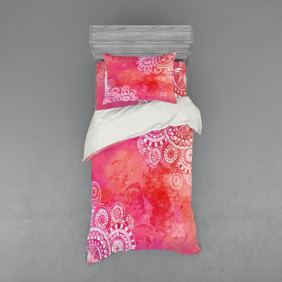 Mandala Duvet Cover Set, Watercolor Paint Background Plain Hand Drawn Doodles Motifs Print, Bedding Set with Shams and Fitted Sheet, 3 Sizes, by Ambesonne