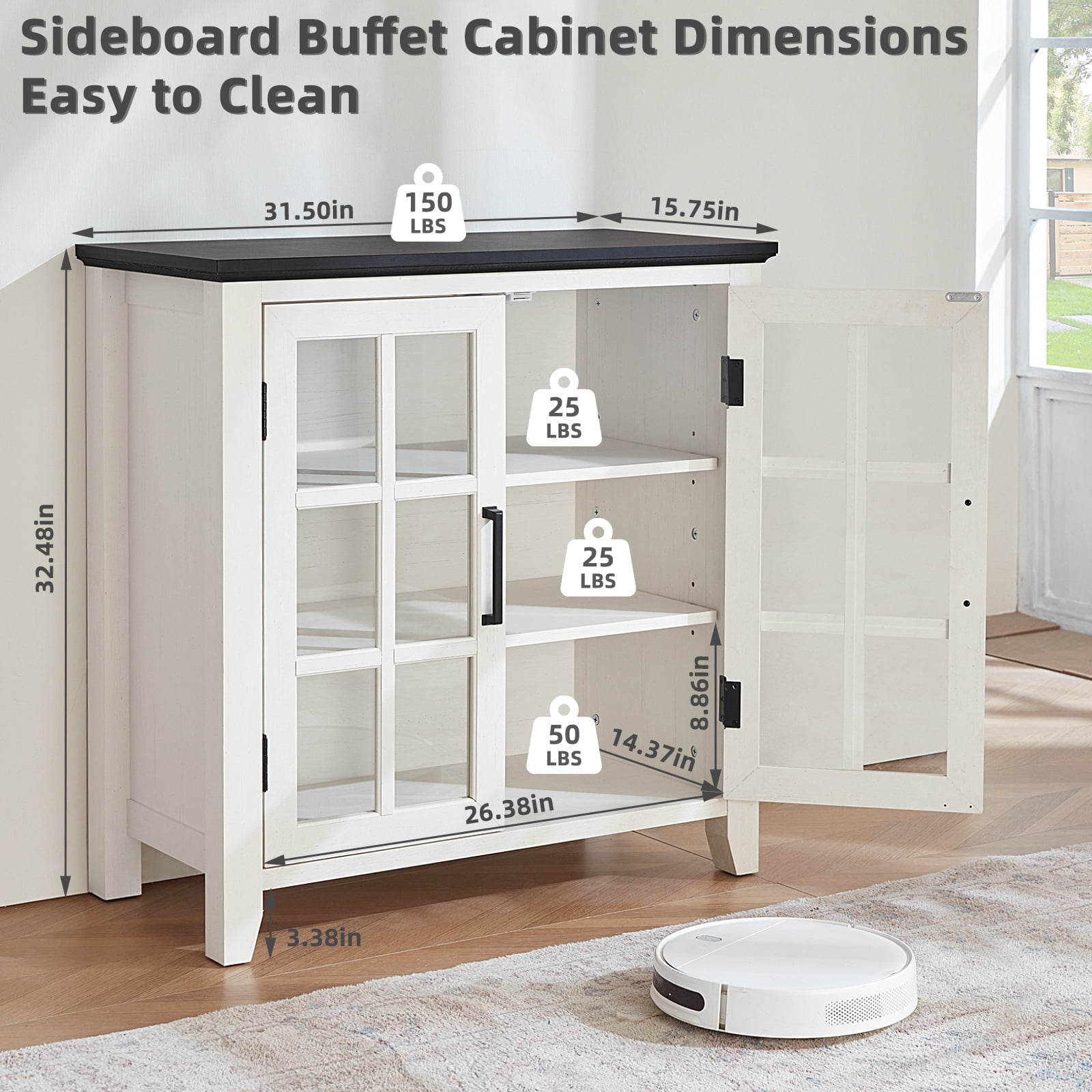 Joaxswe Sideboard Buffet Bar Cabinet Farmhouse 2 Glass Doors Coffee Wine White 32 Inch