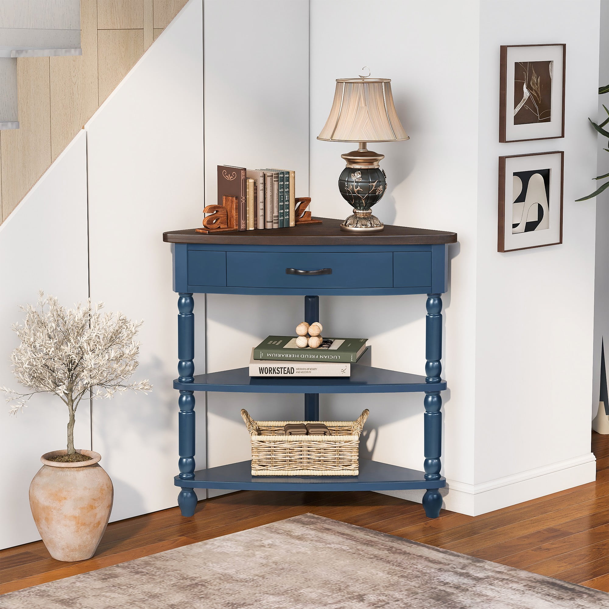 Aukfa 3 Tier Corner Table with Drawer, Triangle End Table for Entryways, Hallways, and Small Spaces, Navy Blue