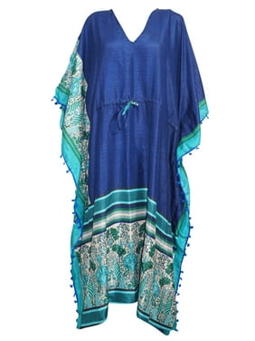 Mogul Women's Blue Kimono Caftan V- Neck Pom Pom Tassel Long Maxi Kaftan 3X