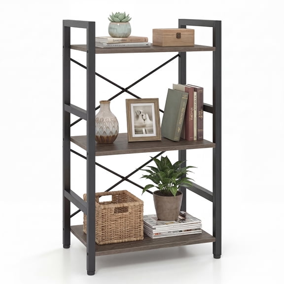 Patiojoy 3-Tier Bookshelf Narrow Freestanding Display Shelf with Metal Frame & Wooden Storage Racks Study Office