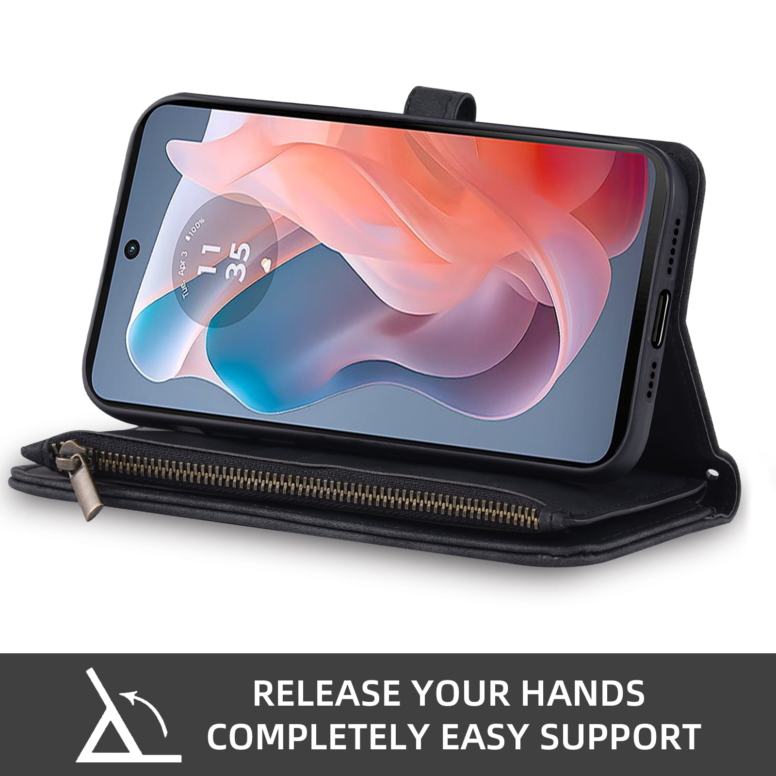 Asuwish Phone Case for Motorola Moto G Play 4G 2024 Wallet Cover With Tempered Glass Screen Protector Crossbody Wrist Strap Flip Pattern Zipper Credit Card Holder Cell XT2413V XT2413-1 64GB Men Black
