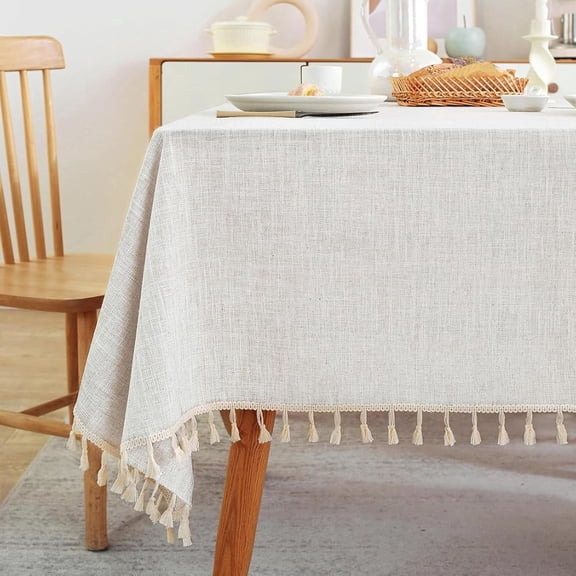 78x55in Ivory Solid Waterproof Cotton Linen Farmhouse Tablecloth