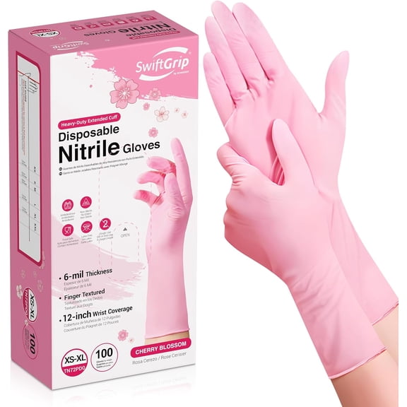 Disposable Nitrile Dishwashing Gloves, Extended 12 Inches Cuff, 6-mil, Cherry Blossom Cleaning Gloves, Latex-Free
