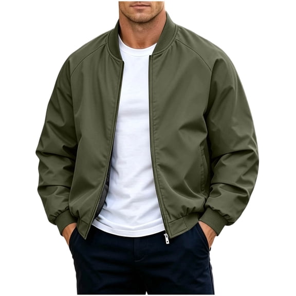 Men Ribbed Collar Bomber Jacket Long Sleeve Lightweight Casual Outerwear with Side Hand Pockets Army Green XXL