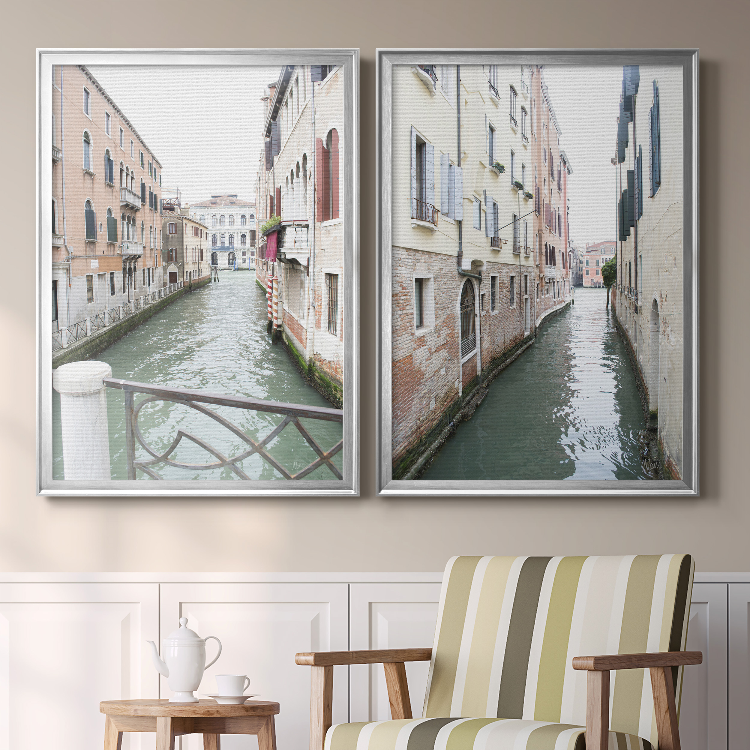2 Piece Set Venice Canal I Premium Framed Canvas - Ready to Hang - 26.5 x 36.5 Each - Silver Frame