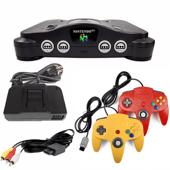 Restored Nintendo 64 N64 Game System with 2 Pack Retrofam N64 Controller Yellow & Red (Refurbished)