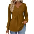 thumbnail image 4 of safuny Womens Long Sleeve Tops Fall Fashion Solid Color Shirts Casual Pleated Tunic V-neck Button Down Blouses Brown _r L, 4 of 7