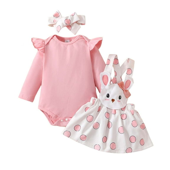 Kucnuzki 9 Months Baby Newborn Girl Winter Outfits Skirts Sets 12 Months Long Sleeve Romper Top Suspender Rabbit Prints Skirts Headband 3PCS Set Pink
