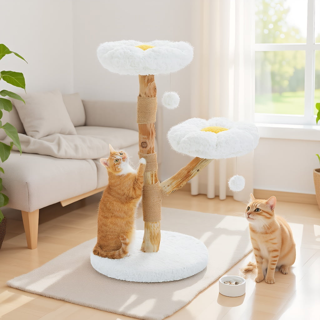 Pefilos 36" Flower Cat Tree Tower with Real Wood Branches, Boho Cat Climbing Tower with Scratching Post and 2 Perches for Indoor Cats, White