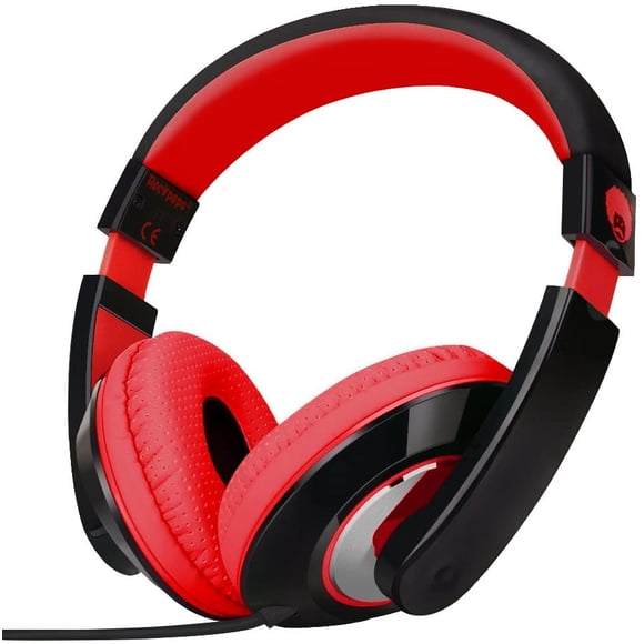 Auriculares estéreo Rockpapa On Ear para adultos y niños ajustables con graves profundos para MP3/4 DVD Smartphones Laptop Tablet en Carro/Avión Negro/Rojo
