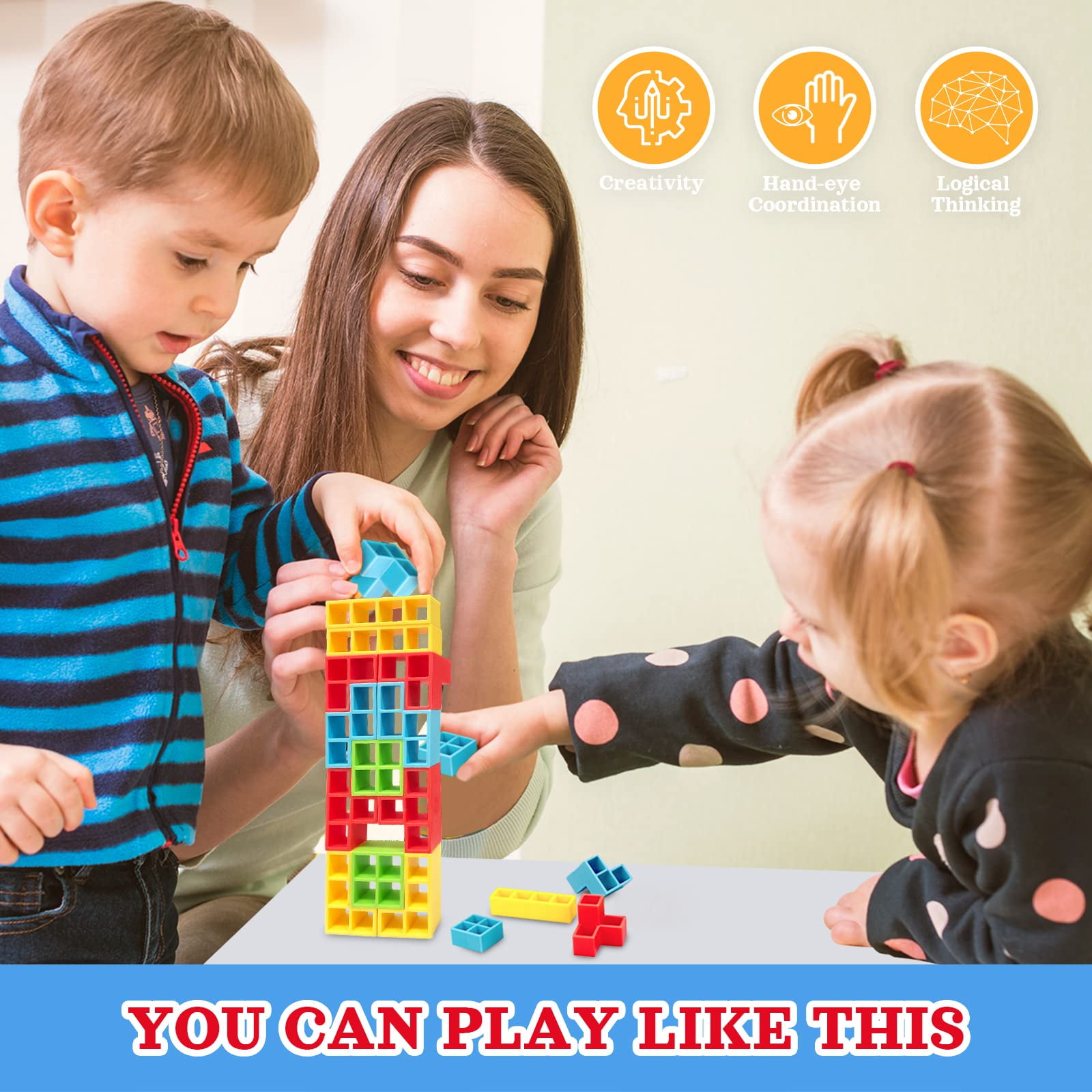 Tetra Tower Game,32 pcs Tetris Tower Balance Board Game for Kids Adults,  Brain Memory STEM Toys Games for Family Night, Parties, Travel, Christmas