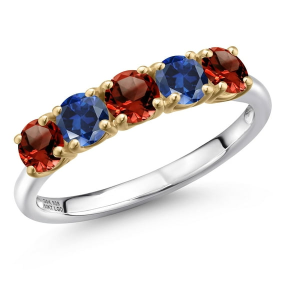 Gem Stone King 925 Silver and 10K Yellow Gold Red Garnet and Blue Created Sapphire Wedding-Bands Ring for Women | 1.61 Cttw | Round 4MM | Gemstone January Birthstone | Size 7