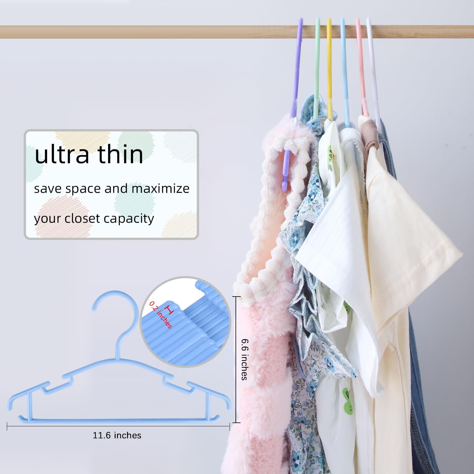 Northern Brothers Baby Hangers 100 Pack, Kids Nursery Closet Organizers with Anti-Slip Dividers, Multicolor (1-Tier, Space-Saving)