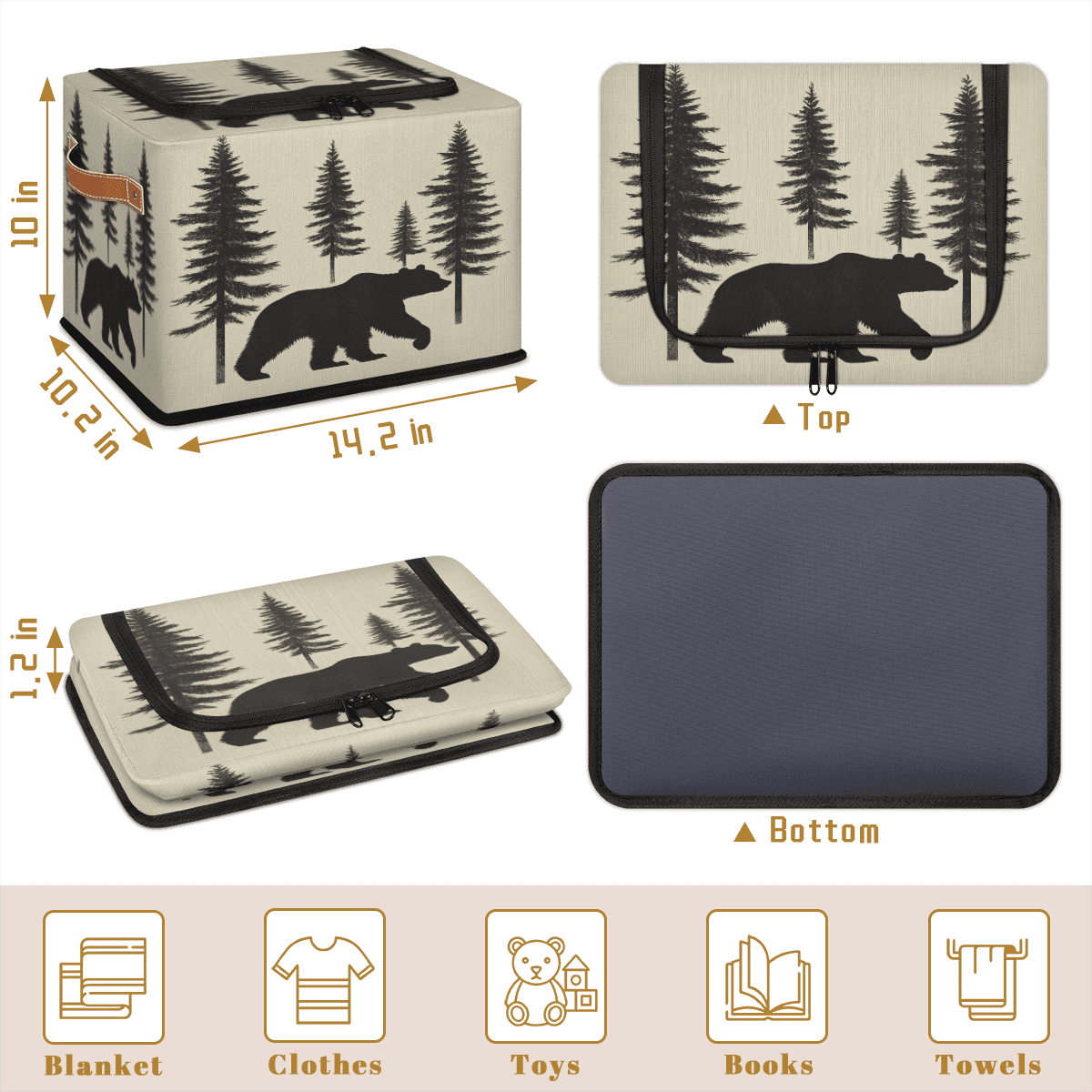 ADECORIVY Tree Bear Fabric Storage Bin with Lid, Decorative Closet Shelf Organizers, Animal Forest Bear Foldable Basket Box Clothes Storage Bin with Handles