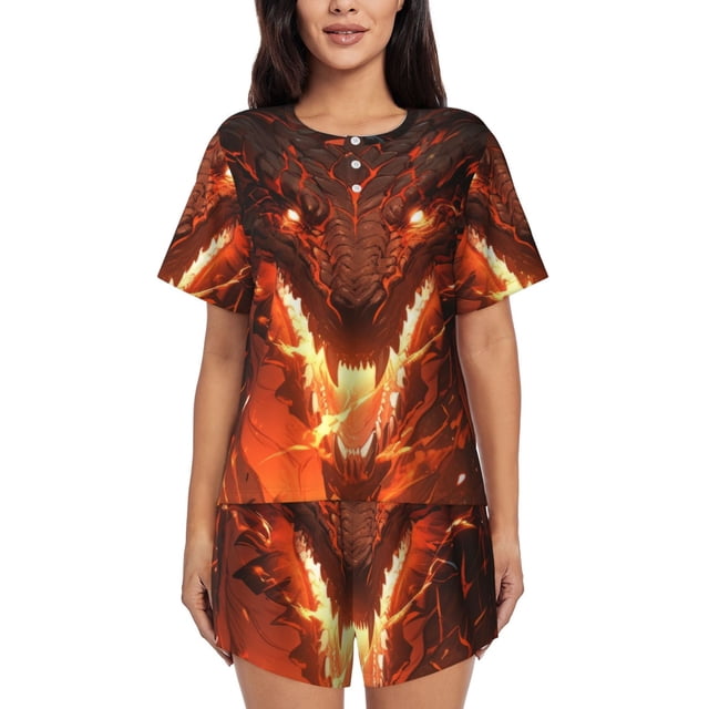 Balery Magma Fire Black Dragon Conjunto de Pijama para Mujer con Estampado, Dos Piezas de Manga Corta y Shorts, Ropa de Dormir Suave con Cuello Redondo y Bolsillos-Medium