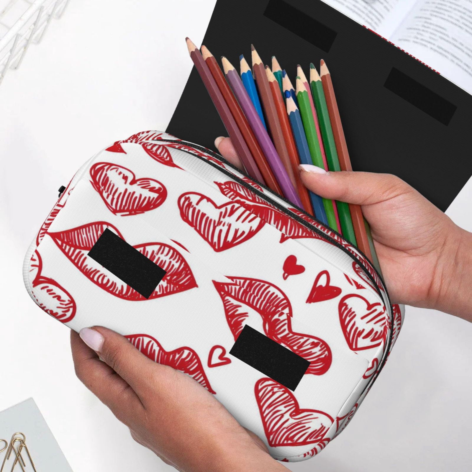 Large-Capacity Flip-Top Double-Layer Pencil Case, Multi-Functional Pocket Pen Case, Durable Stationery Organizer Valentines Day Sexy Lips And Hearts