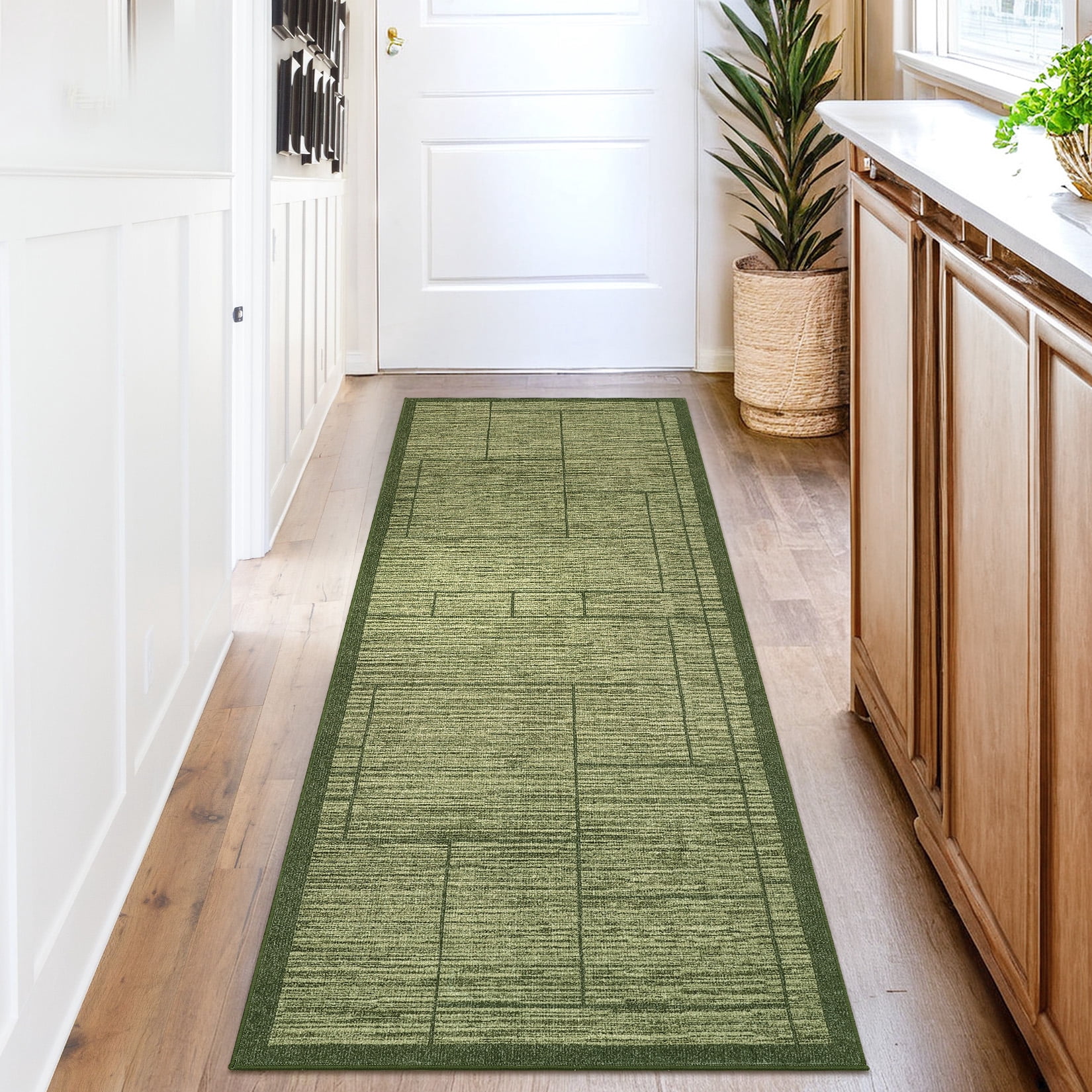 Garvee 2'x6' Modern Geometric Runner Rug Solid Rug, Washable Rug Non-Slip Low Pile Indoor Carpet for Hallway Bedroom Kitchen, Green