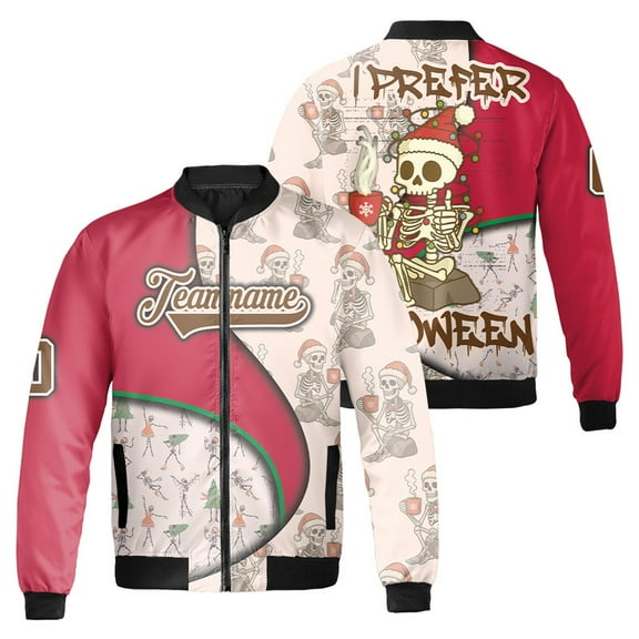 Custom Funny Skeleton Christmas Bomber Jacket – I Prefer Halloween Custom Holiday Jacket – Personalized Winter Coat For Men & Women"