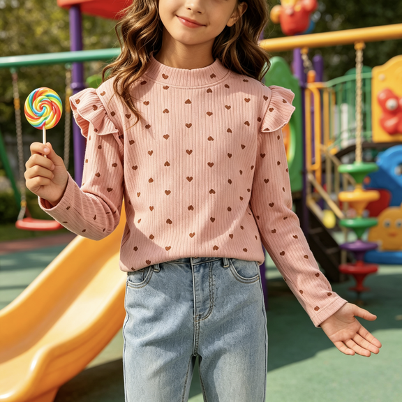 LOINRODI Little Girls Cute Print Ruffle Ribbed Long Sleeve Top Fashion Mock Neck Long Sleeve Soft Fall Casual Kids Blouse Red 7-8 Years