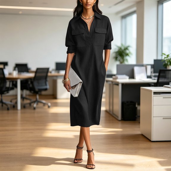 Zehjuhan Women's Elegant Solid Color Lapel Button-Front Midi Shirt Dress – Short Sleeve with Pockets for Office & Formal Wear Black,S